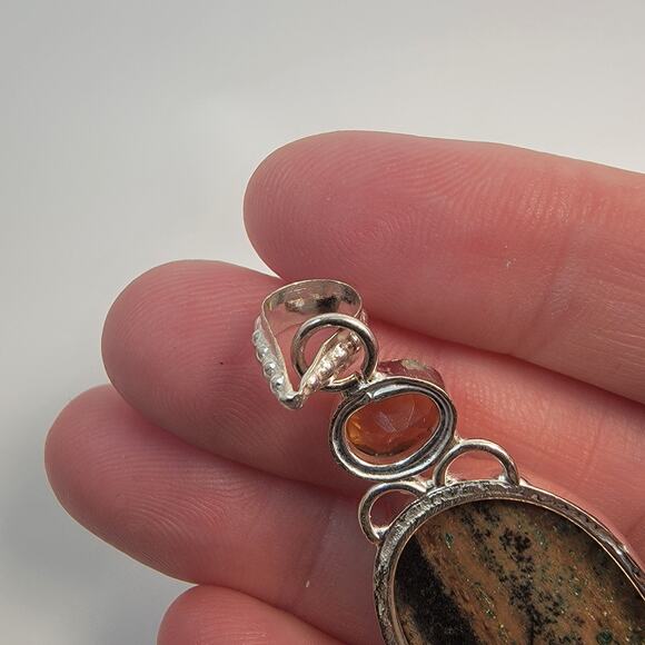 Handmade Sterling Silver Pendant Necklace Featuring Kambaba Jasper and Citrine - Picture 6 of 10